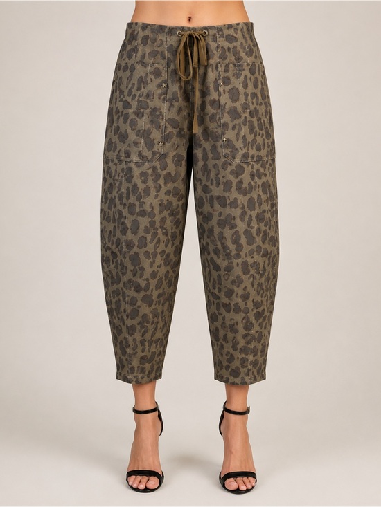 Gigio Pants - Leopard print utility style cropped barrel pants with star stud, and drawstring